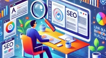DALLE 2025 01 09 23.54.29 A dynamic and professional illustration representing an SEO strategist at work. The scene features a person analyzing data on a large computer screen