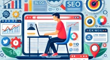 DALLE 2025 01 10 16.53.18 An engaging and professional illustration of an SEO blogger at work. The scene features a person typing on a laptop with visible elements like blog po