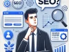 DALLE 2025 01 14 15.25.49 A professional and creative illustration of a man in a thoughtful pose with a speech bubble above his head containing the text What is SEO . The sce